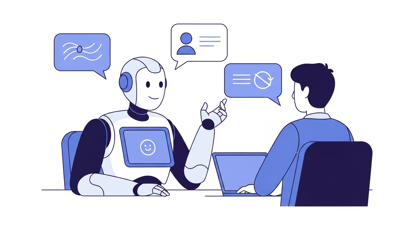 Flat illustration of a friendly robot interviewer talking with a job candidate across a desk with speech bubbles