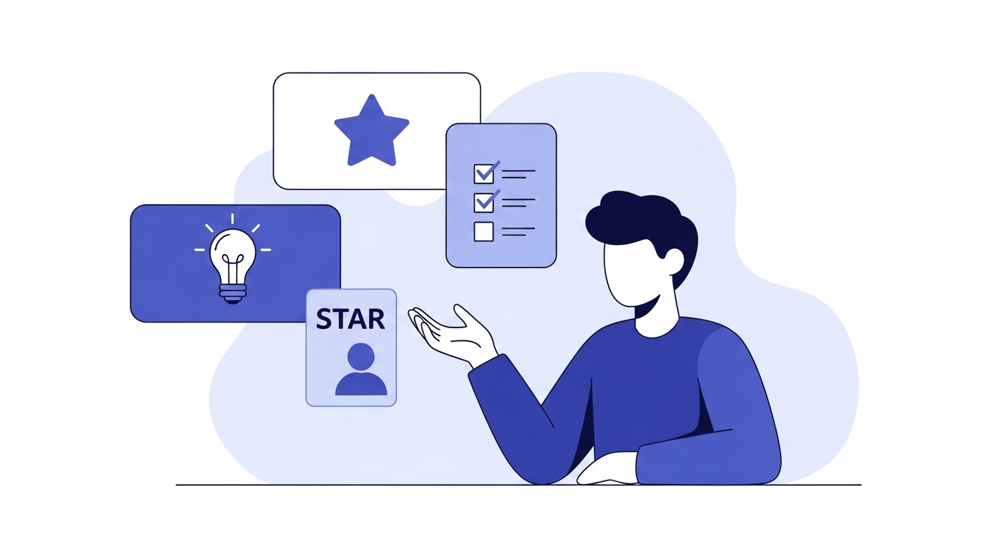 Flat illustration of a person answering questions with floating cards showing a star, a checklist, and a lightbulb