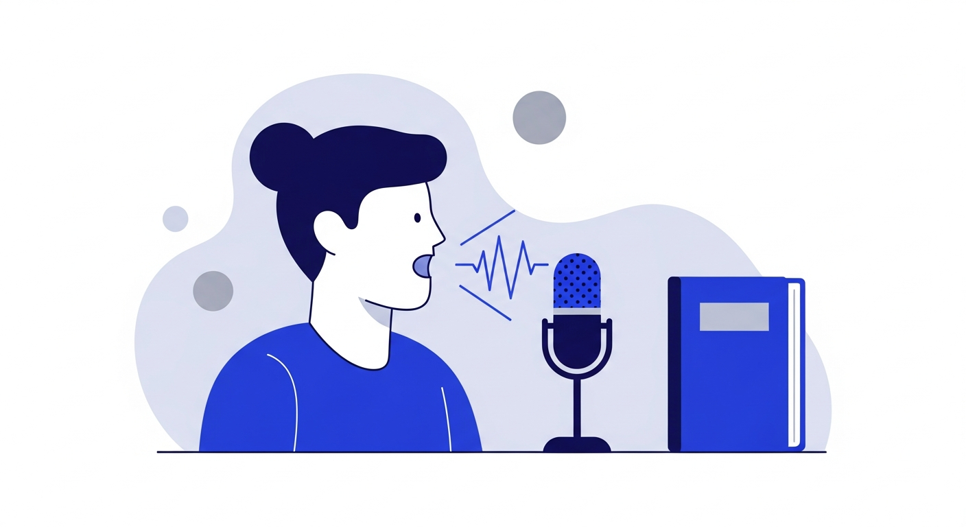Flat illustration of a person speaking out loud into a microphone with sound waves, next to a closed book