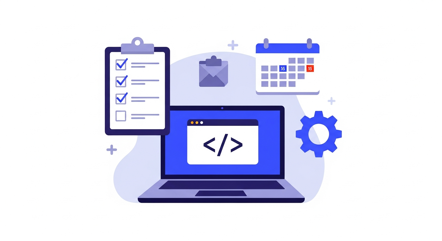 Flat illustration of a laptop showing code brackets surrounded by a checklist clipboard, calendar, and gear