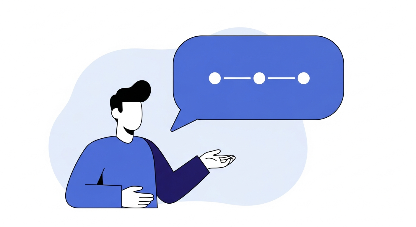 Flat illustration of a confident person introducing themselves with a speech bubble showing a three-step timeline